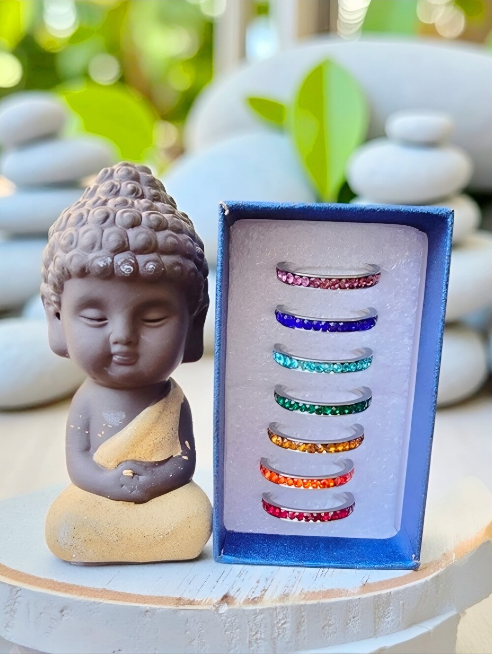 Artisan 7 Austrian Crystal Chakra Stackable Rings Stainless Steel Band Set Sz 8